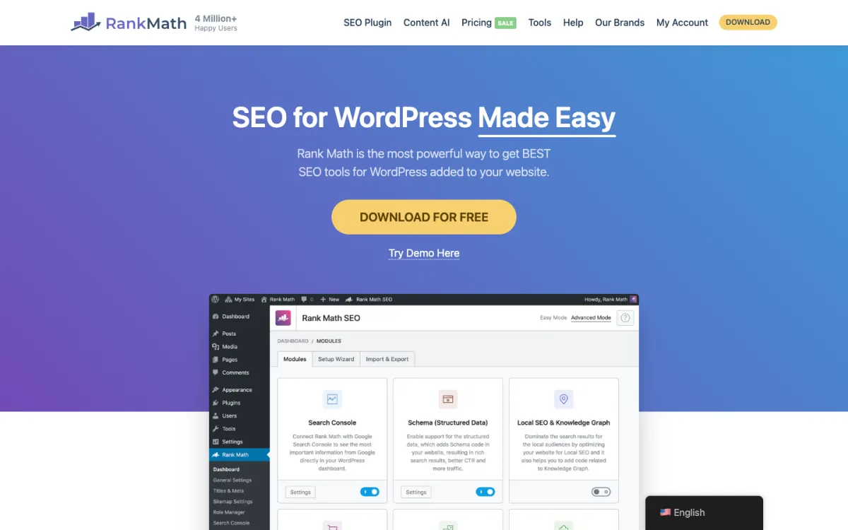 Rank Math SEO WordPress plugin homepage at rankmath.com showing schema, AI search traffic, and llms.txt features